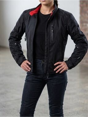 Oxford Women's Black Moto Jacket with Red Collar Accent